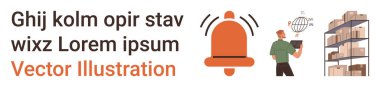 Envanter yönetimi, depo operasyonları, dijital iletişim, alarm sistemleri, lojistik, tedarik zinciri. İşçi, envanteri dijital cihaz ve uyarı sembolüyle kontrol ediyor. Envanter yönetimi