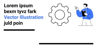 İş süreçleri, iş akışı, yönetim, eğitim, takım çalışması, analiz. Vites sembolü ve pano tutan işadamı vitesi gösteriyor. İş süreçleri ve iş akışı kavramı