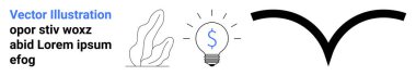 İş kavramları, yenilikler, finans, tasarım, minimalizm, fikirler. Dolar işaretli ampul, dikme çizgileri kalın eğri. Tasarımda yenilik ve finans kavramsal olarak sergileniyor