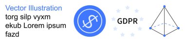 Veri koruması, çevrimiçi gizlilik, mali güvenlik, Avrupa yönetmelikleri, teknoloji uyumu, güvenli işlemler. Dairesel para birimi simgesi, GDPR metin geometrik şekli bağlandı. Veri koruması