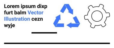 Sürdürülebilirlik, endüstri, çevre, süreç yönetimi, çevre dostu tasarım, geri dönüşüm sistemleri. Mavi geri dönüşüm sembolü vites dişlisi ve yer tutucu metnin yanında. Sürdürülebilirlik ve endüstri kavramı