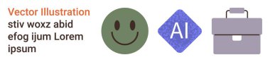 İş aletleri, yapay zeka, duygular, ikonografi, dijital tasarım, markalaşma. Mutlu bir yüz, yapay zeka logosu ve yer tutucu metin içeren evrak çantası simgeleri. İş araçları ve yapay zeka tasarımı