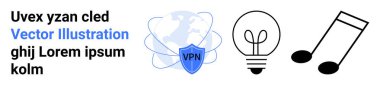 Veri güvenliği, küresel bağlantı, yenilik, yaratıcılık, müzik, eğlence. Bir VPN kalkan, ampul ve müzik notaları. Veri güvenliği ve küresel bağlantı kavramı