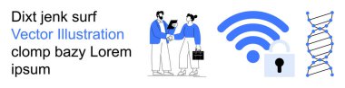 Ağ, veri güvenliği, biyoteknoloji, kablosuz bağlantı, takım işbirliği, dijital değişim. İş adamları el sıkışıyor, kablosuz kilit DNA ipliği. Ağ ve veri güvenliği kavramı