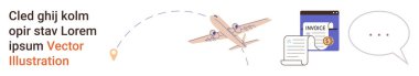 İş seyahati, lojistik, fatura, iletişim, belge yönetimi, verimlilik. Uçak havada, fatura belgeleri ve konuşma balonu. İş seyahati ve lojistik kavramı