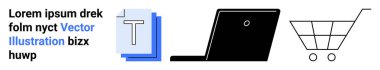 Çevrimiçi alışveriş, dijital pazarlama, e-ticaret platformları, online araçlar, içerik oluşturma, görsel iletişim. Laptop, metin sembolü ve alışveriş arabası ikonu. Online alışveriş ve dijital pazarlama