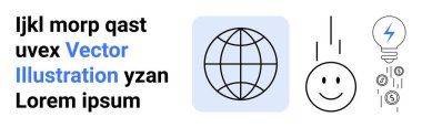 Yenilik, finansman, küresel ulaşım, yaratıcılık, fikir üretimi, işbirliği. Bir kürenin minimalist iyonu, gülümseyen yüz ve para birimi sembolleri. Yenilik ve finansman görselleştirme