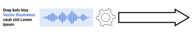 Ses dalgası, ses analizi, işleme ve akışı sembolize eden bir dişliden bir oka dönüşüyor. Teknoloji için ideal, yapay zeka, ses tasarımı, otomasyon, dijital araçlar