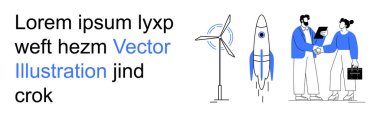 İş geliştirme, yenilik, şirket takım çalışması, temiz enerji, sürdürülebilirlik, girişimler. İş adamları el sıkışıyor, rüzgar türbini ve roket. İş ve yenilik kavramı