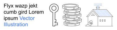 Güvenlik, finans, yenilenebilir enerji, sürdürülebilirlik, ev sahipliği ve teknoloji. Minimalist elementler arasında bir anahtar, bozuk para yığını ve güneş enerjili ev yer alıyor. Güvenlik ve finans kavramı