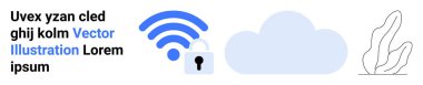 Veri güvenliği, kablosuz ağlar, siber güvenlik, gizlilik koruması, bulut depolama, internet bağlantısı. Mavi kablosuz sinyal, asma kilit bulutu ve soyut element çizimi. Veri güvenliği