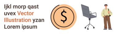 Finans, ofis kurulumu, işyeri ergonomisi, iş hayatı, modern çalışma alanı, günlük kıyafetler. Turuncu arka planda dolar işareti, ofis sandalyesi ve günlük kıyafetler giyen biri. Finans