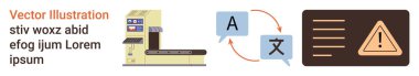 Dil çevirisi, otomasyon, teknoloji, hata tespit, iş akışı sistemleri, kalite kontrol. Taşıyıcı bant, konuşma kabarcığı sembolleri uyarı simgesi. Dil çevirisi ve otomasyon kavramı