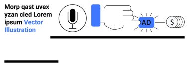 Dijital pazarlama, çevrimiçi reklamlar, içerik oluşturma, para kazanma, podcast, ses markalaşması. Bir el mikrofon ve dolar işareti olan bir reklam simgesine tıklıyor. Dijital pazarlama ve para kazanma