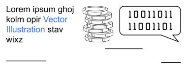 Engelleme zinciri, finansal teknoloji, kripto para birimi, veri değişimi, dijital ekonomi, programlama. İkili kod konuşma baloncuklu bozuk para yığını. Engelleme zinciri ve finansal teknoloji kavramları