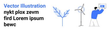 Rüzgar türbini, minimalist yaprak grafiği ve elinde ekran tutan bir insan. Sürdürülebilirlik, eko yaşam, eğitim, yeşil enerji, yenilik, doğa koruma basit iniş sayfası