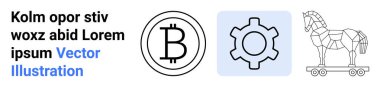 Bitcoin logosu, vites simgesi ve şifrelemeyi temsil eden Truva atı ana hatları, dijital sistemler, kötü amaçlı yazılım. Teknoloji, finans, engelleme zinciri, siber güvenlik yeniliği için ideal. Basit bir iniş için.