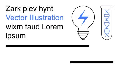 Yenilik, bilim, teknoloji, grafik tasarım, eğitim, yaratıcılık. Yıldırımlı ampul, DNA testi tüpü ve metin elementleri. Yenilik ve bilim konsepti