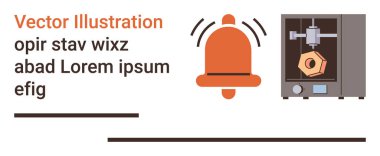 Teknoloji yeniliği, alarm sistemleri, otomasyon, 3D üretim, endüstriyel tasarım, dijital üretim. Görüntü, 3D yazıcının yanında bir çan simgesi uyarısı gösterir. Teknoloji yeniliği ve alarm sistemleri