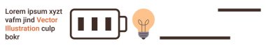 Teknoloji, enerji çözümleri, yenilik, yaratıcılık, tasarım unsurları ve fikir. Yer tutucu metni olan pil simgesi ve ampul tasarımı. Teknoloji ve enerji çözümleri kavramı