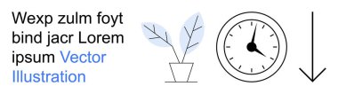 Zaman yönetimi, büyüme, basitlik, yön, tasarım kaynakları, yaratıcı şablonlar. Minimalist saat, saksı bitkisi ve yer tutucu metinle eşleştirilmiş aşağı doğru ok. Zaman yönetimi ve büyüme