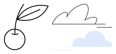 Doğa, sadelik, farkındalık, minimalizm, sükunet taze fikirler. Kiraz ve bulutların çizgi çizimi. Zarif çizgi sanatının doğası ve sadeliği. Çizgi benzetmesi. Basit satır simgeleri