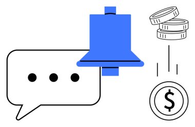 Maliye, bildirimler, ödeme hatırlatıcıları, para uyarıları, iletişim, dijital işlemler. Konuşma balonu, çan sembolü ve bozuk paralarla dolar işareti. Finans ve bildirim kavramı