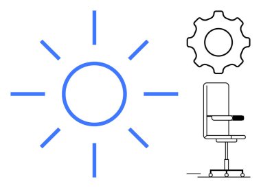 Üretkenlik, iş hayatı dengesi, ofis tasarımı, verimlilik, yenilik, ergonomik mobilyalar. Vitesli ve ofis sandalyesi çizgili bir güneş ikonu. Verimlilik ve iş hayatı dengesi kavramı