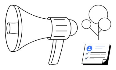 Megafonla bağlantılı düğümler ve kullanıcı profili belgesi iletişim, ağ oluşturma ve tanıtımı sembolize eder. Pazarlama, takım oluşturma, bilgi paylaşımı, halkla ilişkiler için ideal