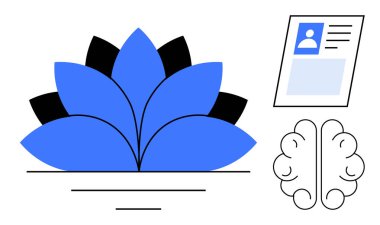 Dijital öğrenme konsepti. Mavi nilüfer, beyin ikonu ve kimlik kartı da dahil olmak üzere simgeler dijital öğrenme. Eğitim, zihinsel odaklanma, kişisel gelişim ve teknoloji için dijital öğrenim