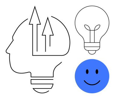 Yenilik kavramı. Okları büyüyen insan kafası, ampul ve mutlu bir yüzle eşleştirilmiş. Yenilik yaratıcılığı, olumlu düşünceyi ve gelişimi arttırır. İş, eğitim ve motivasyon için