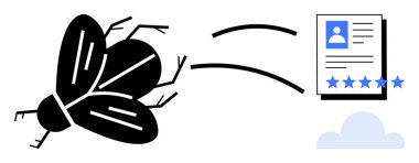 Hata illüstrasyonu bir veri dosyası ve bulut öğesi ile eşleştirildi, yazılım hata ayıklama, geri besleme analizi ve dijital problem çözme kavramlarını vurguluyor. IT hizmetleri ve yazılım geliştirme için ideal