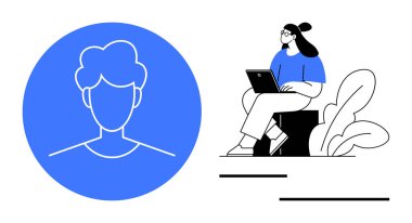 Kullanıcı profili. Tarz sahibi bir kullanıcı profili ikonu ve dizüstü bilgisayar dijital kavramları olan bir kadın. Kullanıcı profilleri çevrimiçi güvenlik, kişiselleştirme ve iletişim için gereklidir. Teknoloji için mükemmel.