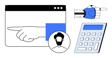 Dijital iletişim, kullanıcı arayüzü, robotik, teknoloji araçları, otomasyon, hesaplamalar. El hareketleri, kullanıcı profili simgesi, bilgisayar arayüzü robotik işaret eden el elektronik hesap makinesi