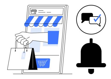 Akıllı telefondan alınan el çantaları, mesaj bildirimi ve alarm zilleri. E-ticaret için ideal, çevrimiçi perakende, müşteri hizmetleri, dijital pazarlama, iletişim, katılım basit