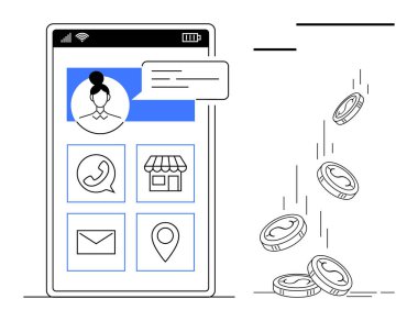 Mobil uygulamalar, finansal teknoloji, online alışveriş, iletişim araçları, iş profilleri, dijital ödeme. Uygulama simgeleri ve düşen bozuk paralarla akıllı telefon ekranı. Mobil uygulamalar ve fintech konsepti