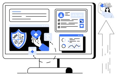 Dijital sağlık, teletıp, tıbbi analiz, sigorta yönetimi, veri görselleştirme, teknoloji arayüzü. Bilgisayar ekranında ikonlu sağlık panelleri görülüyor. Dijital sağlık