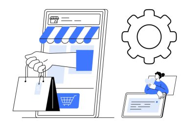 E-ticaret konsepti. Çevrimiçi alışveriş arayüzü ve vites sembolü ile e-ticaret. E-ticaret dijital alımı ve kullanıcı katılımını arttırır. Perakende, teknoloji, pazarlama, yenilik, girişimler için