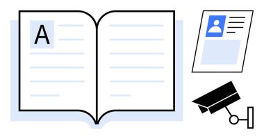 Bilgi konsepti. Açık kitap, kişisel belge ve güvenlik kamerası. Bilgi, kişisel kayıtlar ve veri takibi arasındaki ilişki. Eğitim, gizlilik bilinci, dijital haklar için