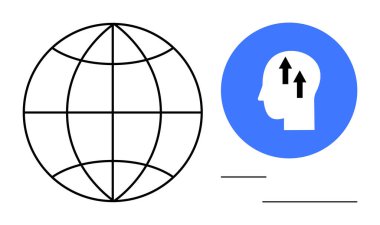 Küresel iletişim Küre ve insan zihninin yukarı doğru ok atması küresel iletişimi, ilerlemeyi ve yeniliği simgeler. Küresel iletişim ağları, teknoloji, fikirler ve bağlantılar. Mükemmel.