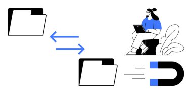 Veri transferi konsepti. Oklar, dizinler ve kullanıcılar arasındaki dosya paylaşımını dijital bir çalışma akışında gösterir. Bilgi alışverişi, iletişim ve işbirliği. IT, bulut depolama, iş akışı yönetimi