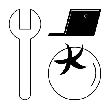 Mühendislik araçları, dijital teknoloji, tarım, gıda üretimi, iş hayatı dengesi, soyut tasarım. İngiliz anahtarı, laptop ve domatesli siyah beyaz grafik. Mühendislik araçları ve dijital