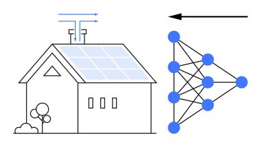 Akıllı ev enerjisi konsepti. Birbirine bağlı bir sistem güneş enerjisi entegrasyonunu ve enerji verimliliği için sinirsel ağ optimizasyonunu gösteriyor. Yapay zeka, temiz enerji ve akıllı şebekeler için geçerlidir. Uygulamalar