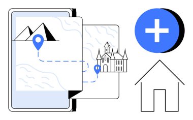 Navigasyon konsepti. Navigasyon sistemleri yol verimliliği için harita iğneleri, rotalar ve işaretleri birleştiriyor. Uygulama tasarımı, turizm, lojistik, kentsel planlama ve harita hizmetleri için navigasyon