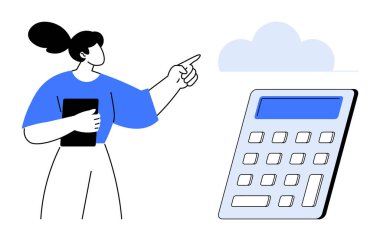 Bulut hesaplama, bütçe araçları, finansal çözümler, dijital yenilik, muhasebe teknolojisi, çevrimiçi hizmetler. Hesap makinesinin yanındaki bulut sembolünü gösteren bir kadın. Bulut hesaplama ve bütçe