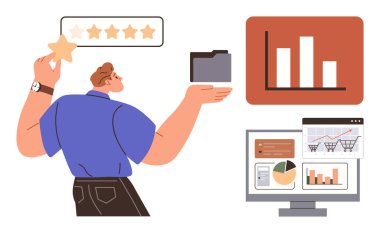Bir klasör ve yıldız tutan kişi, bir derecelendirme ölçeği, çubuk grafik ve analitik ekran ile etkileşimde. İş analizi, performans değerlendirmesi, rapor sunumu, veri yönetimi, müşteri