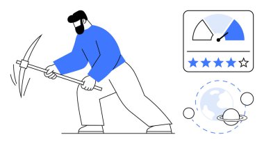 Kripto para yeniliği. Bir madenci kazma, engelleme zinciri ve kripto para madenciliğiyle çalışır. Kripto para birimi, performans ölçümleri ve küresel olarak resmedilmiş. Finans için uygun, engelleme zinciri