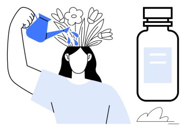 Kişisel bakım, kişisel gelişim, zihinsel sağlık, yaratıcılık, yetiştirme, doğal ilaçlar. İnsan başından büyüyen çiçekleri şişenin yanına koyar. Kişisel bakım ve kişisel büyüme kavramı