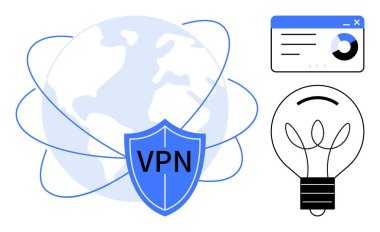 Çevrimiçi güvenlik, dijital gizlilik, veri şifreleme, siber güvenlik araçları, yenilik, analitik izleme. VPN kalkanı, grafik penceresi ve ampulü olan bir dünya. Çevrimiçi güvenlik ve dijital gizlilik