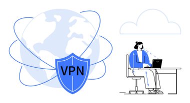 VPN güvenlik konsepti. Güvenli internet erişimi ve VPN üzerinden küresel bağlantıyla uzaktan çalışma. VPN gizliliği, siber güvenliği ve veri korumasını arttırır. Teknoloji, güvenlik, gizlilik için, çevrimiçi